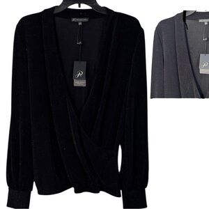 Adrianna Papell Top Black Metallic Long Sleeve‎ Wrap Style in Size L  NWT